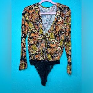 Free People Intimately Heatwave Floral V Neck Bodysuit Orange